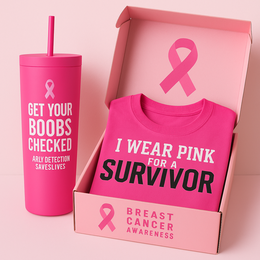 Breast Cancer Awareness Bundle – Tumbler + T‑Shirt + Gift Box